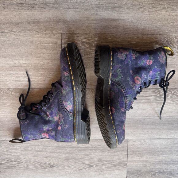 Dr. Martens Castels Airwaves Blue Denim Chambray Canvas Flower Combat Boots Wm 7 - Picture 7 of 16